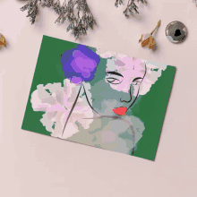 a drawing of a woman with purple flowers in her hair on a green background