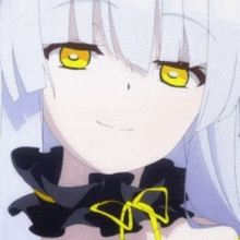 a close up of a anime girl with white hair and yellow eyes wearing a black and yellow dress .