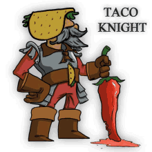 a cartoon drawing of a taco knight holding a red pepper