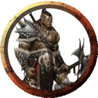 a picture of an orc holding a large axe in a round frame