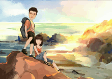 a cartoon of a man and a woman standing on a rock