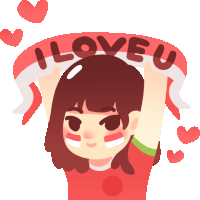 a girl in a red shirt is holding a banner that says i love u