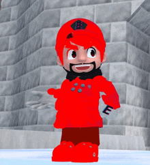 a cartoon character with red hair and a beard is wearing a red jacket with the letter e on it