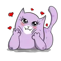 a purple cat with hearts around it is laying down