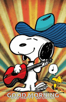 a cartoon of snoopy playing a guitar with the words " good morning and happy saturday "