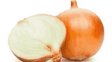 two onions are sitting next to each other on a white surface . one of the onions is cut in half .