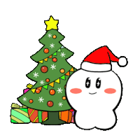 a cartoon of a ghost wearing a santa hat next to a christmas tree