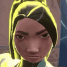 a close up of a cartoon character 's face with a serious look on her face .