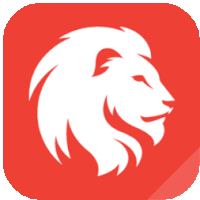 a red icon with a white lion head on it