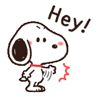 a cartoon of snoopy saying hey with a red collar