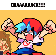 a cartoon of a boy with his fist in the air and the words craaaaack below him