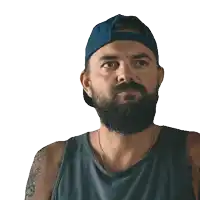 a man with a beard is wearing a blue hat and a tank top
