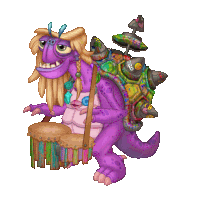 a purple monster is holding a drum and has a turtle shell on its back