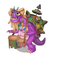 a purple monster is holding a drum and has a turtle shell on its back