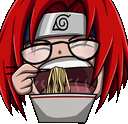 a cartoon character with red hair is eating noodles from a bowl .