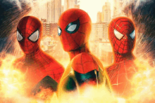 three spider-man standing next to each other in front of a city skyline