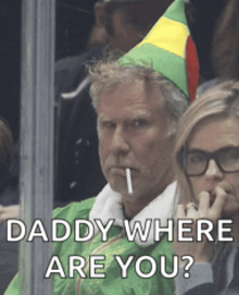 a man in an elf costume is smoking a cigarette and the caption daddy where are you