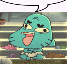 a baby gumball from the amazing world of gumball with a speech bubble above his head