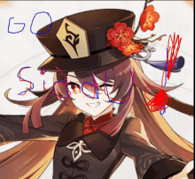 a drawing of a girl wearing a hat with flowers on it and the word go written in red