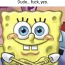 a close up of spongebob squarepants with blue eyes holding a stick .