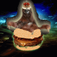 a sloth wearing a crown is sitting on top of a hamburger