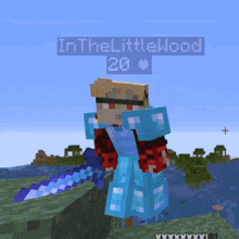 a minecraft character is standing on a cliff holding a sword with the name in the littlewood above him