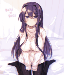 a girl with purple hair is wearing a white sweater with the words doki doki written on the bottom