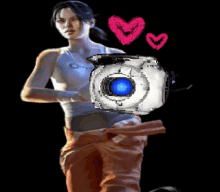 a woman is holding a white object with a blue eye and hearts around her