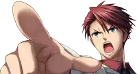 a man with red hair and blue eyes is pointing at the camera