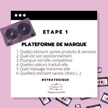 a pink cassette tape with the words etape 1 plateforme de marque