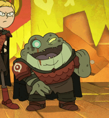 a cartoon of a frog wearing a cape with a circle on it