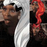 a drawing of a woman with white hair and a red headpiece