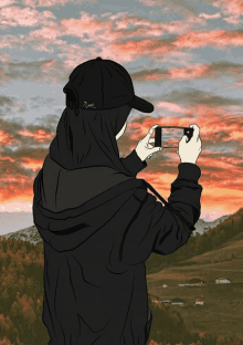 a drawing of a girl taking a picture of a sunset with a hat that says rome