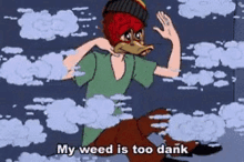 a cartoon character is wearing a mask and saying my weed is too dank .