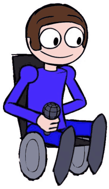 a cartoon character in a blue shirt is sitting in a wheelchair holding a microphone .