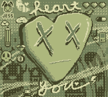 a pixel art drawing of a heart with the words heart xx written on it