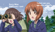 two anime girls are looking through binoculars with a caption that says " yukari can you see who asked "