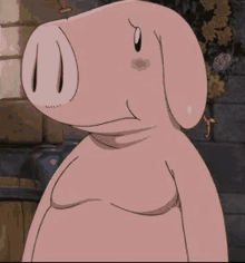 a cartoon pig is standing in front of a brick wall with flowers in the background .