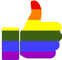 a rainbow colored thumbs up sign with a rainbow flag behind it