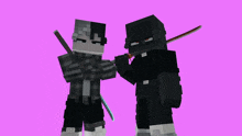 two minecraft characters standing next to each other with swords in their hands