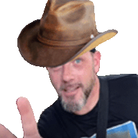 a man with a beard wearing a cowboy hat giving a thumbs up