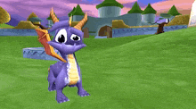 a purple dragon with horns and wings is standing in a grassy field .