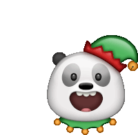 a panda wearing a green elf hat with bells on it