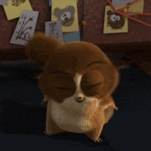 a cartoon squirrel is standing in front of a bulletin board with drawings of animals on it