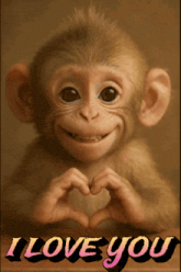 a monkey is making a heart shape with its hands and the words i love you behind it