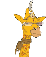 a giraffe wearing glasses and a scarf with pizza slices on its neck