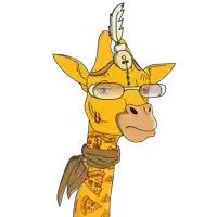 a giraffe wearing glasses and a scarf with pizza slices on its neck