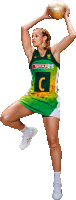 a female netball player in a green and yellow uniform with the letter c on her jersey