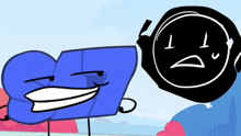 a blue object is smiling next to a black object that has a sad face on it