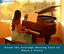 a woman is playing a piano in front of a window